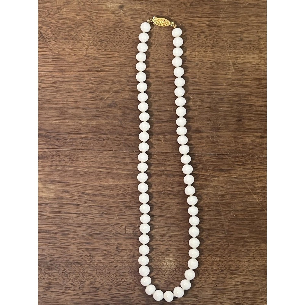 Vintage Milk Glass Bead Faux Pearl Necklace Hand Knotted Mcm Regal Art Deco